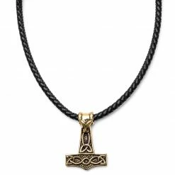 Fort Tempus Black Leather With Gold-Tone Thor's Hammer Necklace