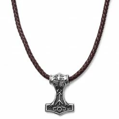 Fort Tempus Brown Leather With Silver-Tone Stainless Steel Viking Hammer Necklace