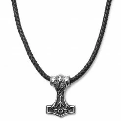 Fort Tempus Black Leather With Silver-Tone Stainless Steel Viking Hammer Necklace