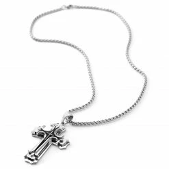 Fort Tempus Silver-Tone & Black Stainless Steel Curved Layered Cross Box Chain Necklace -MEN NECKLACES shop 10 4 copy 7
