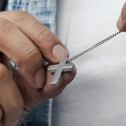 Lucleon Iconic | Silver-Tone Stainless Steel Cross Curb Chain Necklace -MEN NECKLACES shop 10003best