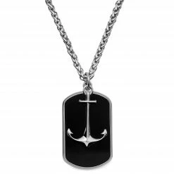 Lucleon Silver-Tone Stainless Steel Anchor & Black Onyx Dog Tag Wheat Chain Necklace