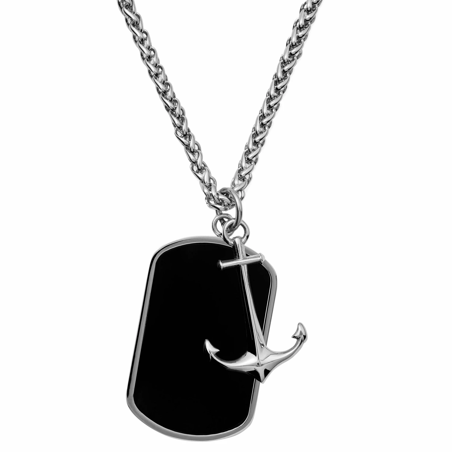 Lucleon Silver-Tone Stainless Steel Anchor & Black Onyx Dog Tag Wheat Chain Necklace 6 Lucleon Silver-Tone Stainless Steel Anchor & Black Onyx Dog Tag Wheat Chain Necklace - Image 4