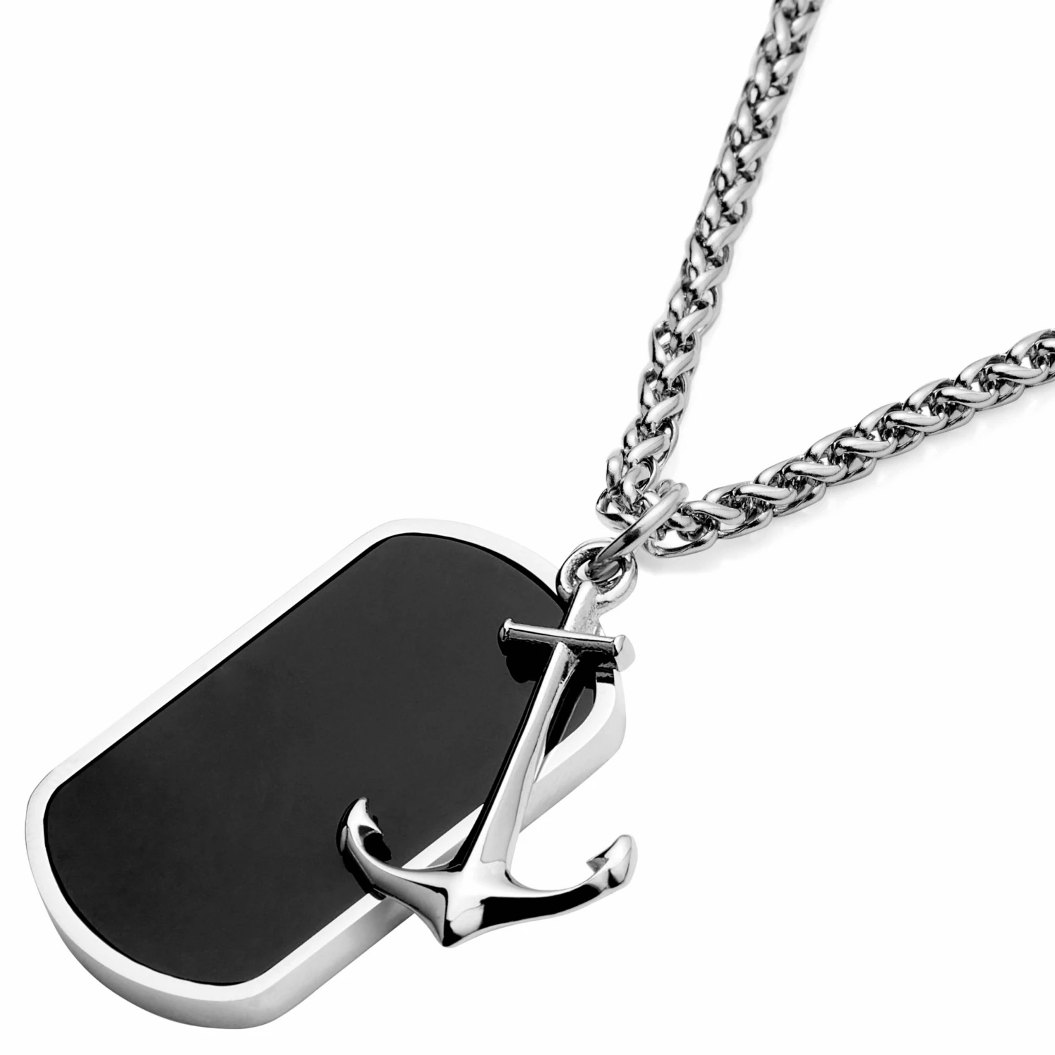 Lucleon Silver-Tone Stainless Steel Anchor & Black Onyx Dog Tag Wheat Chain Necklace 4 Lucleon Silver-Tone Stainless Steel Anchor & Black Onyx Dog Tag Wheat Chain Necklace - Image 2
