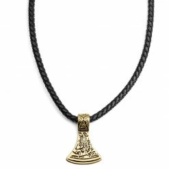 Fort Tempus Black Leather With Gold-Tone Norse Axe Necklace