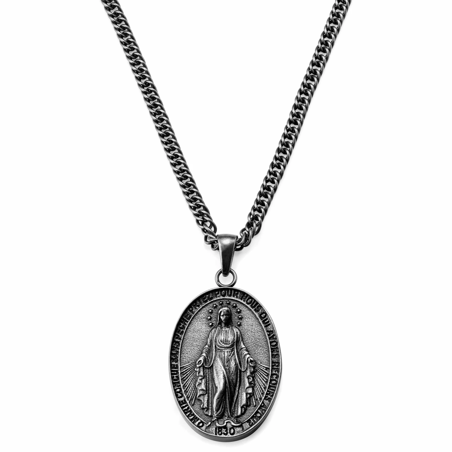 Lucleon Sanctus | Vintage Silver-Tone Stainless Steel Miraculous Medal Wheat Chain Necklace 3 Lucleon Sanctus | Vintage Silver-Tone Stainless Steel Miraculous Medal Wheat Chain Necklace