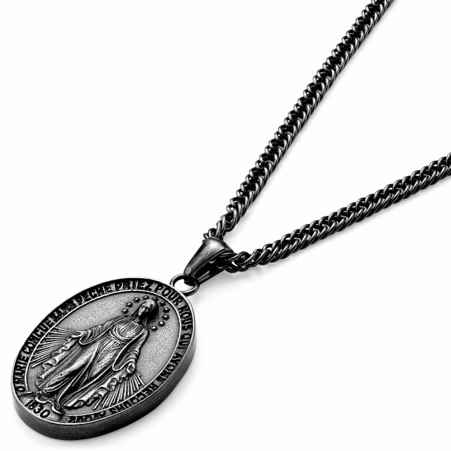 Lucleon Sanctus | Vintage Silver-Tone Stainless Steel Miraculous Medal Wheat Chain Necklace 6 Lucleon Sanctus | Vintage Silver-Tone Stainless Steel Miraculous Medal Wheat Chain Necklace - Image 4