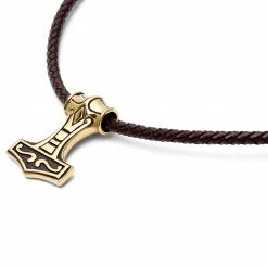 Fort Tempus Brown Leather With Gold-Tone Viking Hammer Necklace -MEN NECKLACES shop 13 3 125