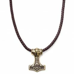 MEN NECKLACES shop 19 Fort Tempus Brown Leather With Gold-Tone Viking Hammer Necklace