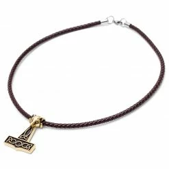Fort Tempus Brown Leather With Gold-Tone Wolf & Thor's Hammer Necklace -MEN NECKLACES shop 14 1 197