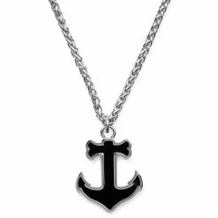 Lucleon Silver-Tone Stainless Steel Anchor With Black Onyx Inlay Wheat Chain Necklace