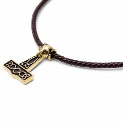 Fort Tempus Brown Leather With Gold-Tone Wolf & Thor's Hammer Necklace -MEN NECKLACES shop 14 2 139