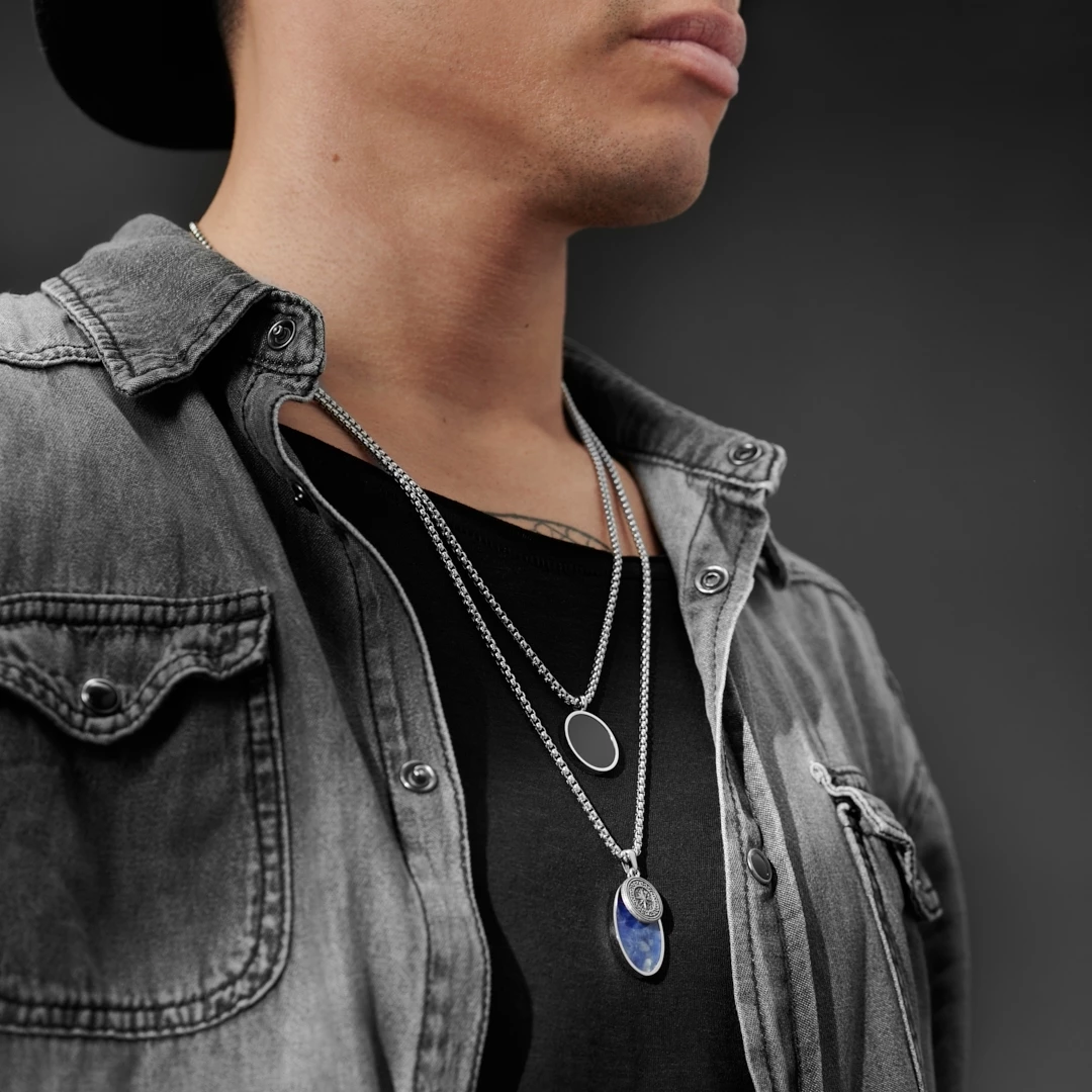 Arkai Orisun | Silver-Tone Stainless Steel Onyx & Sodalite Necklace Layering Set 4 Arkai Orisun | Silver-Tone Stainless Steel Onyx & Sodalite Necklace Layering Set - Image 2