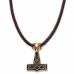 Fort Tempus Brown Leather With Gold-Tone Wolf & Thor's Hammer Necklace