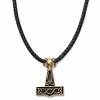Fort Tempus Black Leather With Gold-Tone Wolf & Thor's Hammer Necklace