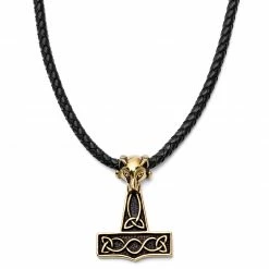 MEN NECKLACES shop 27 Fort Tempus Black Leather With Gold-Tone Wolf & Thor's Hammer Necklace