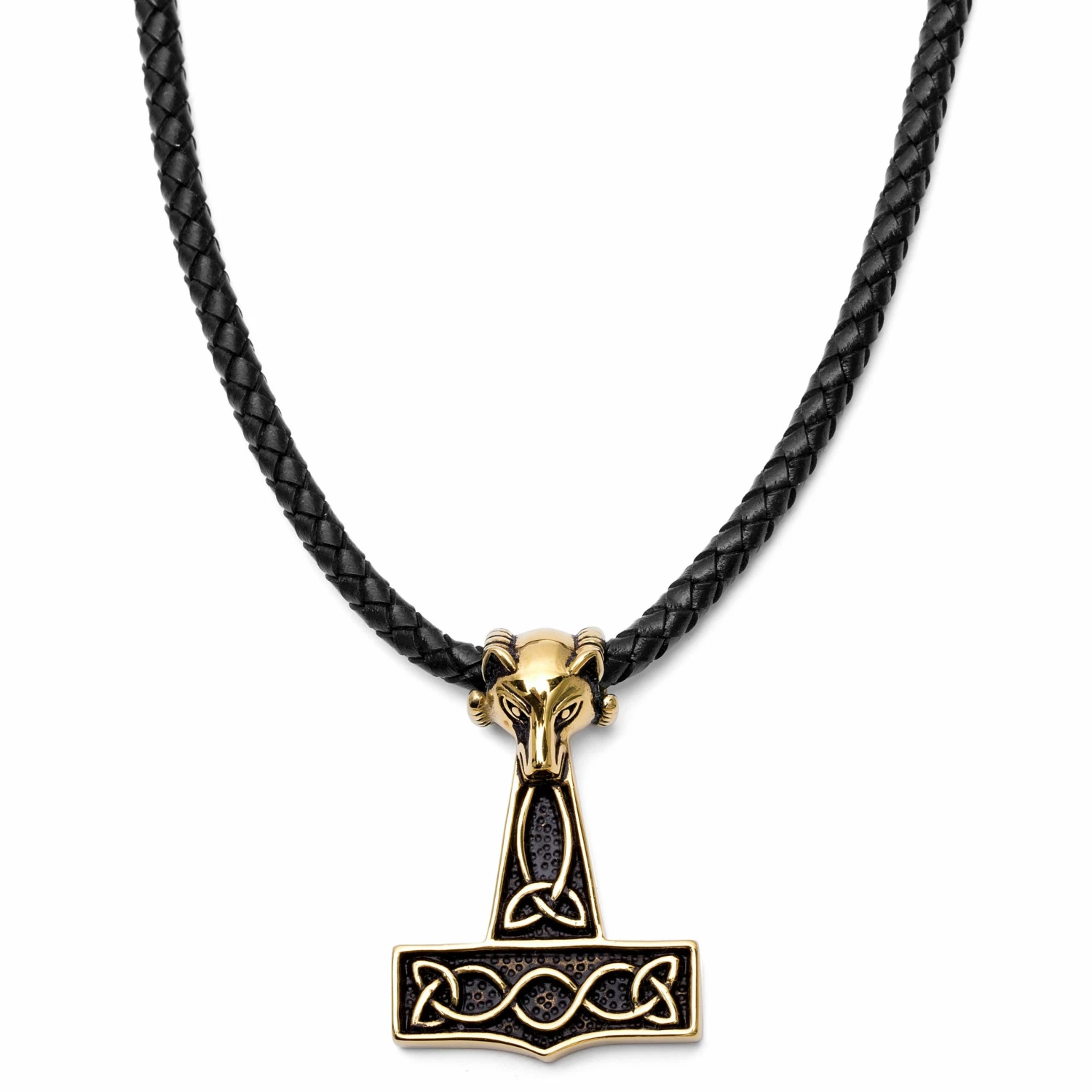 Fort Tempus Black Leather With Gold-Tone Wolf & Thor's Hammer Necklace 3 Fort Tempus Black Leather With Gold-Tone Wolf & Thor's Hammer Necklace