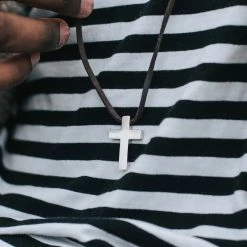 Lucleon Iconic | Brown Leather With Silver-Tone Stainless Steel Cross Necklace -MEN NECKLACES shop 15354 necklace