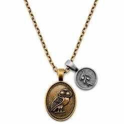 Lucleon Obelius | Vintage Gold-Tone Owl Of Athena & Silver-Tone Coin Cable Chain Necklace