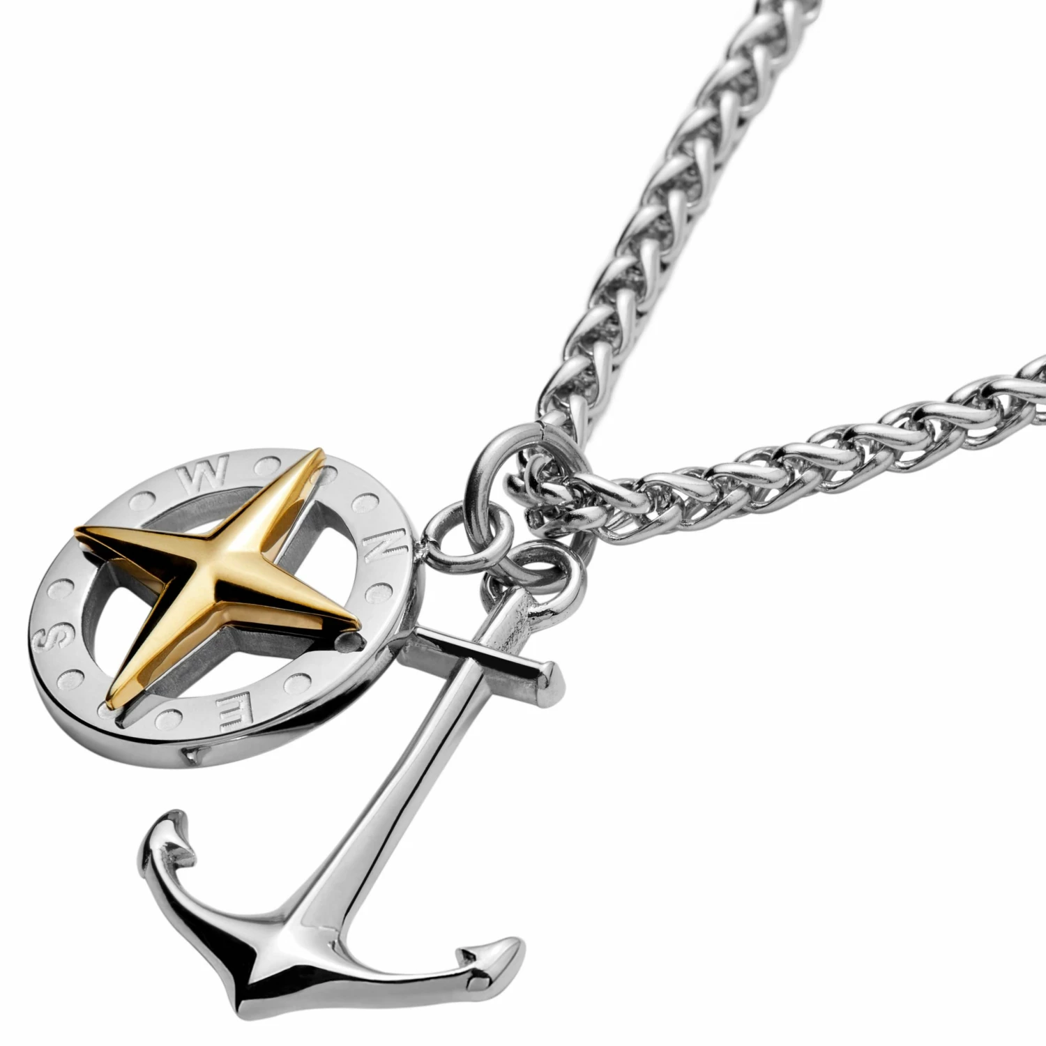 Lucleon Silver-Tone Stainless Steel Anchor With Silver- & Gold-Tone Compass Wheat Chain Necklace 4 Lucleon Silver-Tone Stainless Steel Anchor With Silver- & Gold-Tone Compass Wheat Chain Necklace - Image 2