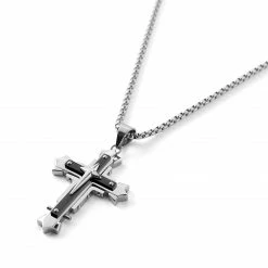 Fort Tempus Silver-Tone & Black Stainless Steel Riveted Cross Box Chain Necklace -MEN NECKLACES shop 16 3 copy 10
