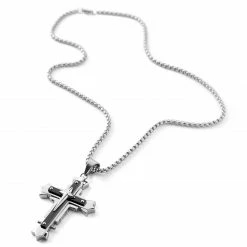 Fort Tempus Silver-Tone & Black Stainless Steel Riveted Cross Box Chain Necklace -MEN NECKLACES shop 16 4 copy 6