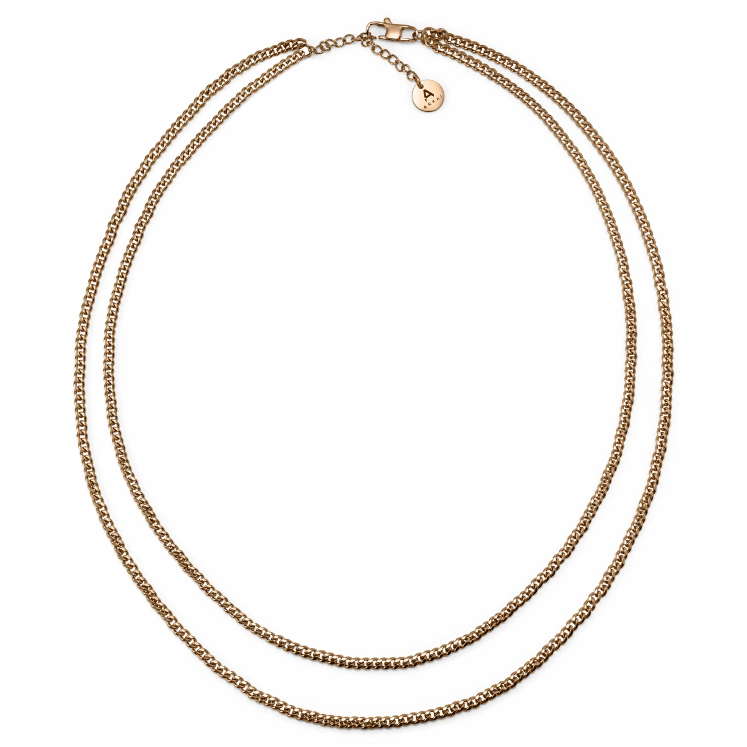 Arkai Rico | 3 mm Rose Gold-Tone Stainless Steel Double Layered Curb Chain Necklace 6 Arkai Rico | 3 mm Rose Gold-Tone Stainless Steel Double Layered Curb Chain Necklace - Image 4