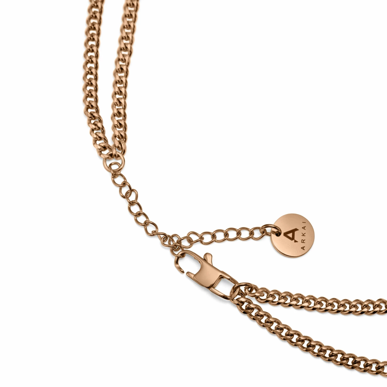 Arkai Rico | 3 mm Rose Gold-Tone Stainless Steel Double Layered Curb Chain Necklace 7 Arkai Rico | 3 mm Rose Gold-Tone Stainless Steel Double Layered Curb Chain Necklace - Image 5
