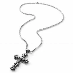 Fort Tempus Silver-Tone & Black Stainless Steel Three-Layered Cross Box Chain Necklace -MEN NECKLACES shop 18 4 copy 5
