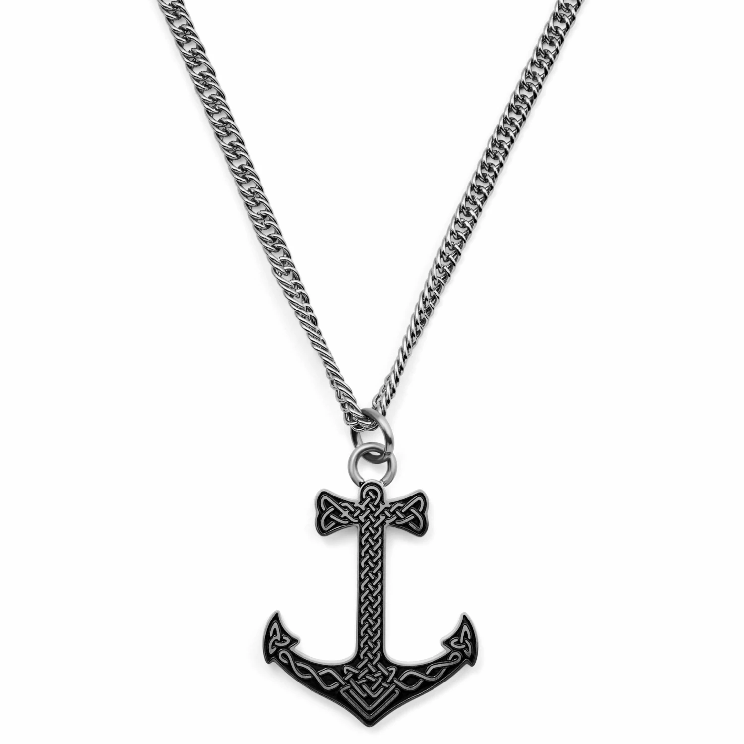 Lucleon Silver-Tone & Black Stainless Steel Viking Anchor Wheat Chain Necklace 3 Lucleon Silver-Tone & Black Stainless Steel Viking Anchor Wheat Chain Necklace