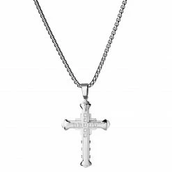 Fort Tempus Silver-Tone Stainless Steel Studded & Layered Cross Box Chain Necklace