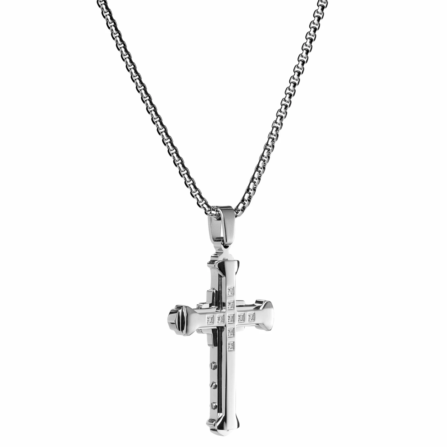 Fort Tempus Silver-Tone Stainless Steel Studded & Layered Cross Box Chain Necklace 7 Fort Tempus Silver-Tone Stainless Steel Studded & Layered Cross Box Chain Necklace - Image 5