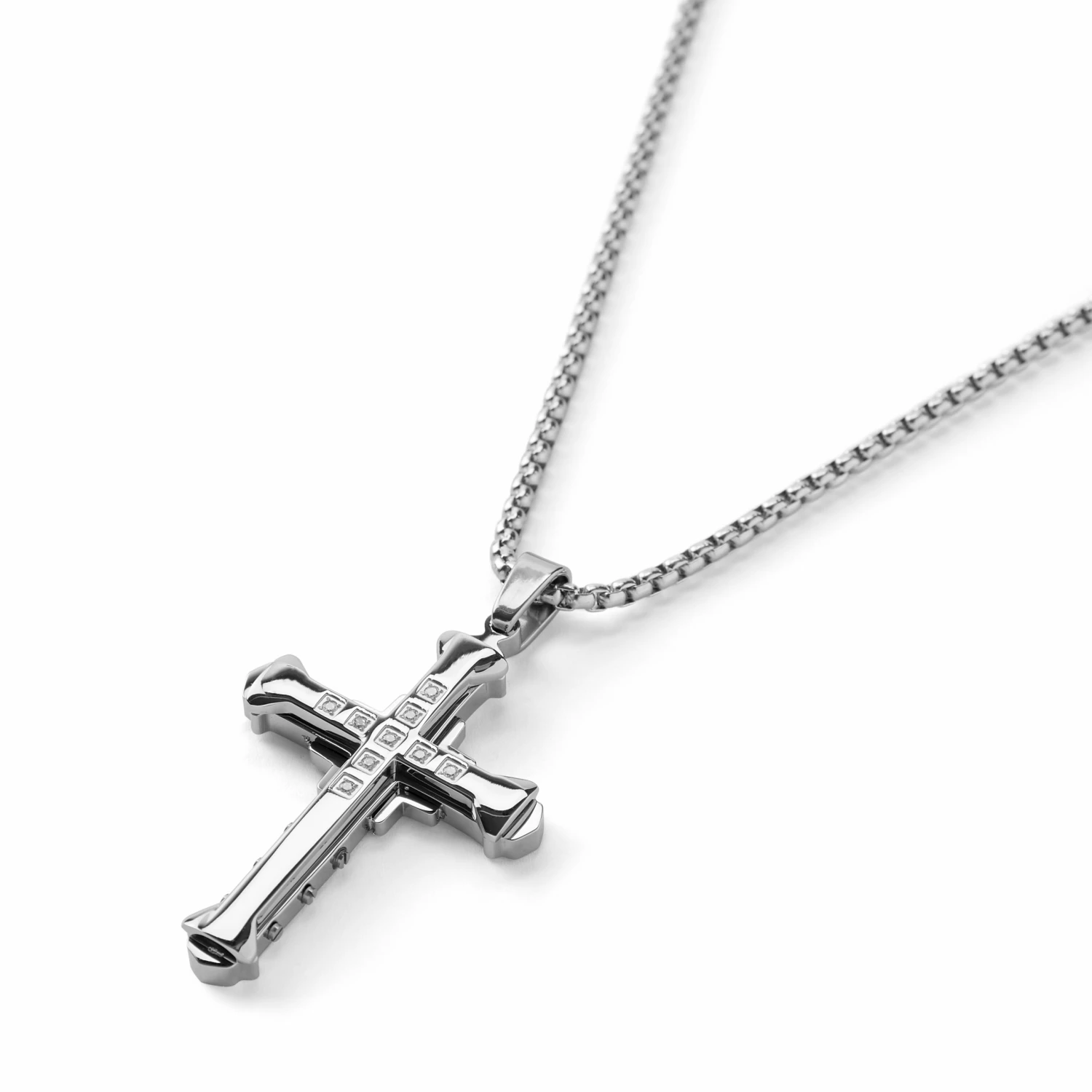 Fort Tempus Silver-Tone Stainless Steel Studded & Layered Cross Box Chain Necklace 4 Fort Tempus Silver-Tone Stainless Steel Studded & Layered Cross Box Chain Necklace - Image 2