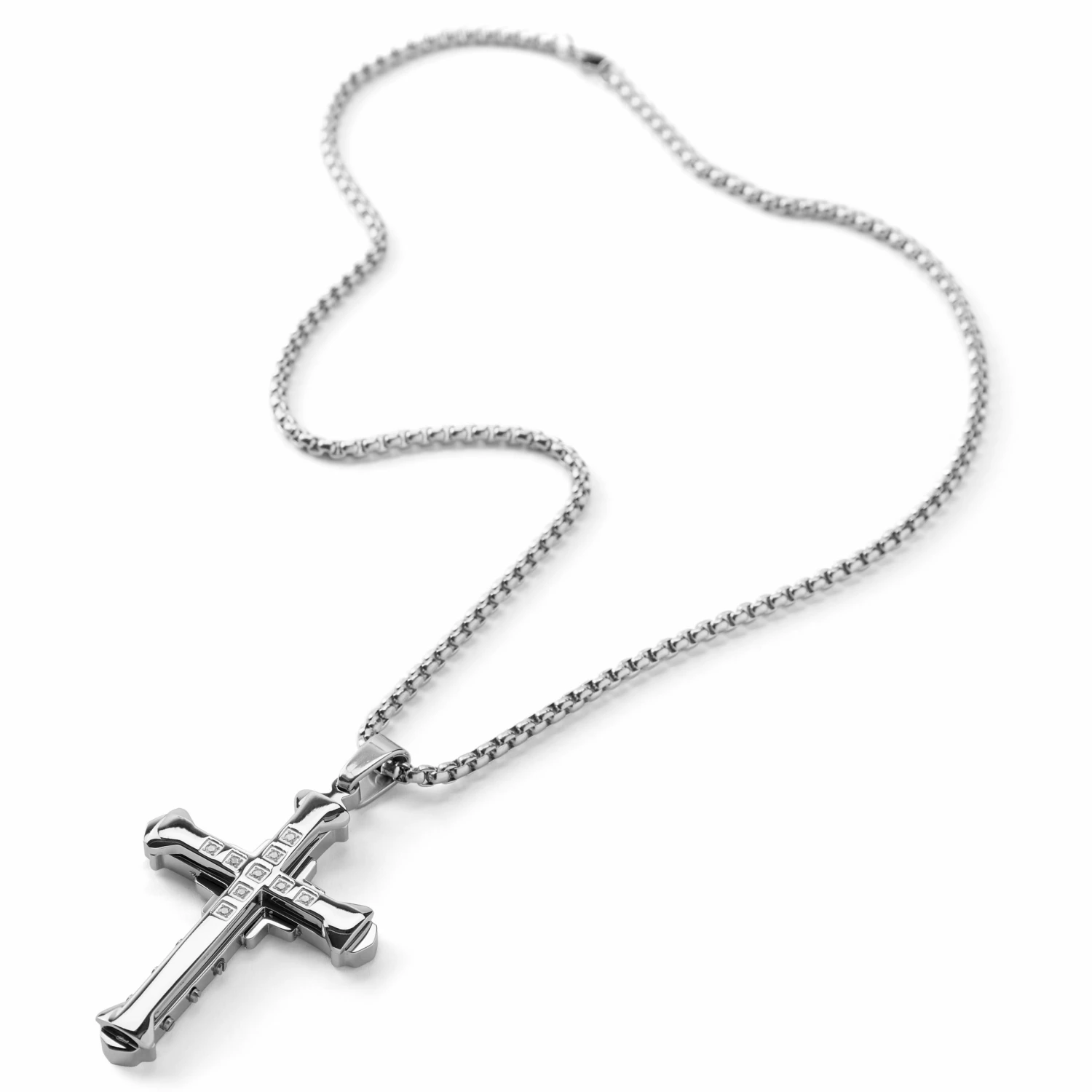 Fort Tempus Silver-Tone Stainless Steel Studded & Layered Cross Box Chain Necklace 8 Fort Tempus Silver-Tone Stainless Steel Studded & Layered Cross Box Chain Necklace - Image 6