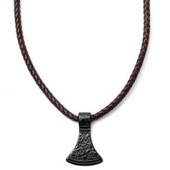 Fort Tempus Brown Leather With Black Stainless Steel Norse Axe Necklace