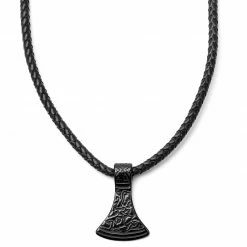 Fort Tempus Black Leather With Black Stainless Steel Norse Axe Necklace