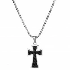 Fort Tempus Silver-Tone & Black Stainless Steel Byzantine Cross Box Chain Necklace