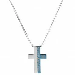 Fort Tempus Silver-Tone & Blue Stainless Steel Cross Ball Chain Necklace