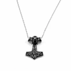 Fort Tempus Silver-Tone Stainless Steel XL Thor's Hammer & Cross Cable Chain Necklace