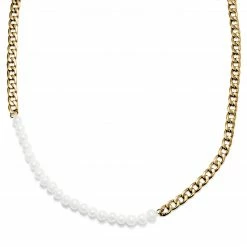 Lucleon Amager | 7 mm Gold-Tone & White Pearl Curb Chain Necklace