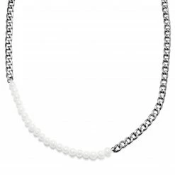 Lucleon Amager | 7 mm Silver-Tone Stainless Steel & White Pearl Curb Chain Necklace
