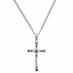 Lucleon Silver-Tone Stainless Steel & Black Zirconia Cross Wheat Chain Necklace