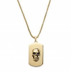 Lucleon Icarus | Gold-Tone Skull Dog Tag Box Chain Necklace