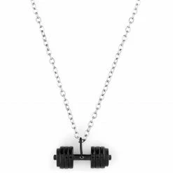Fort Tempus Silver-Tone & Black Stainless Steel Dumbell Cable Chain Necklace