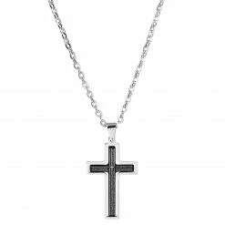 Fort Tempus Silver-Tone & Black Stainless Steel Revolving Cross Cable Chain Necklace