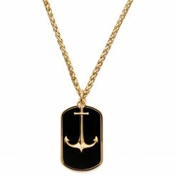 Lucleon Gold-Tone Anchor & Black Onyx Dog Tag Wheat Chain Necklace