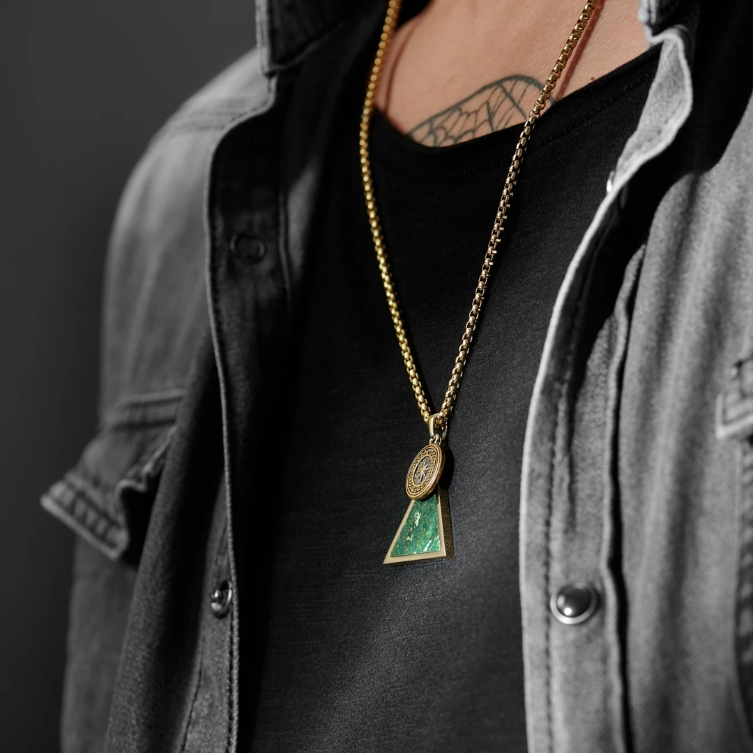 Arkai Orisun | Gold-Tone & Green African Jade Triangle Box Chain Necklace 4 Arkai Orisun | Gold-Tone & Green African Jade Triangle Box Chain Necklace - Image 2