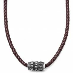 MEN NECKLACES shop 21 Fort Tempus Brown Leather With SIlver-Tone Stainless Steel Skulls Barrel Necklace