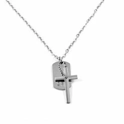 Lucleon Silver-Tone Stainless Steel Dog Tag & Cross Cable Chain Necklace