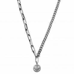 Lucleon Amager | 5 mm Silver-Tone Stainless Steel Smiley Curb & Cable Chain Necklace
